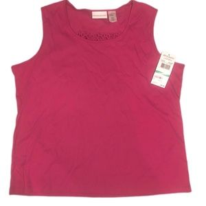 Alfred Dunner Fushia Cotton Blend Sleveless Top with detailing along neckline.